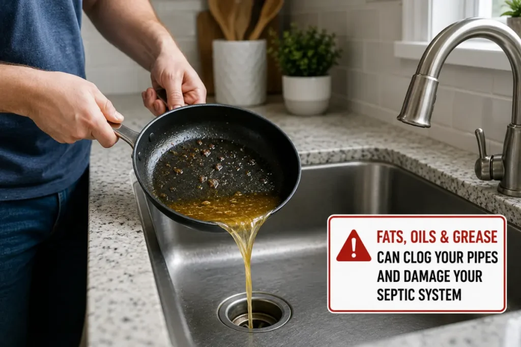 Cooking oil being poured into a kitchen sink