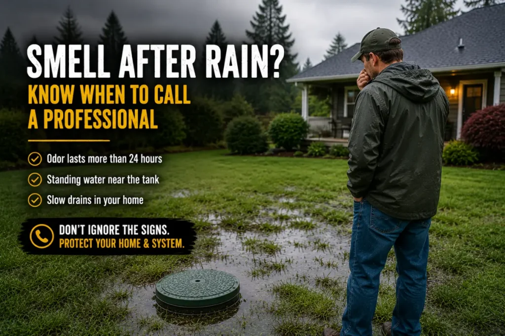 Persistent septic smell after rain may indicate a septic system problem that requires a professional inspection