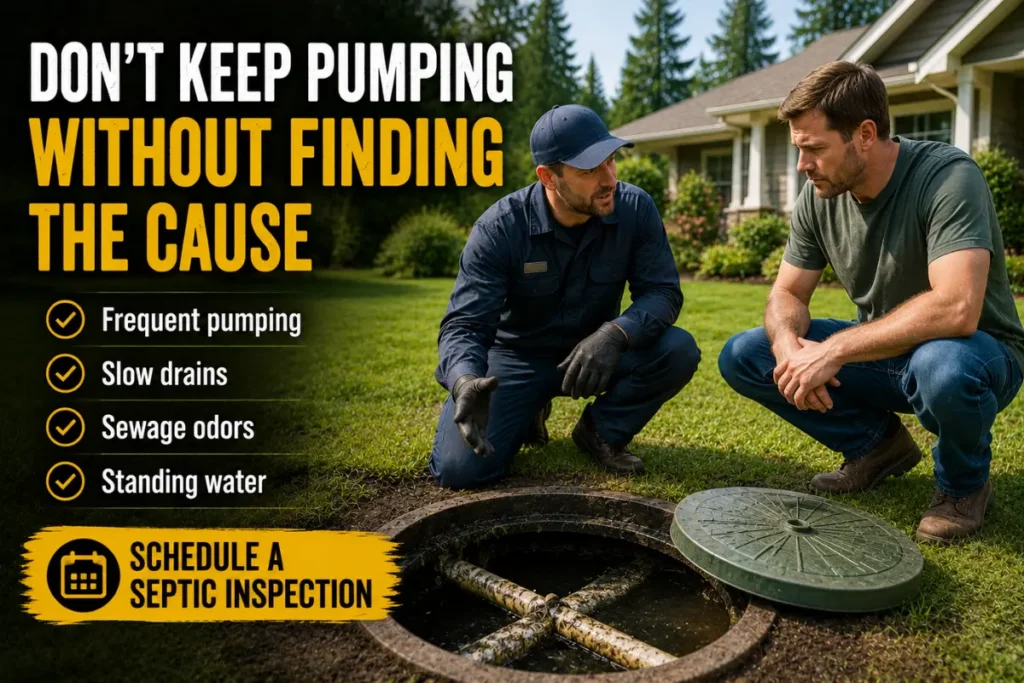 Septic technician explaining why a septic tank is filling up fast during a professional septic inspection