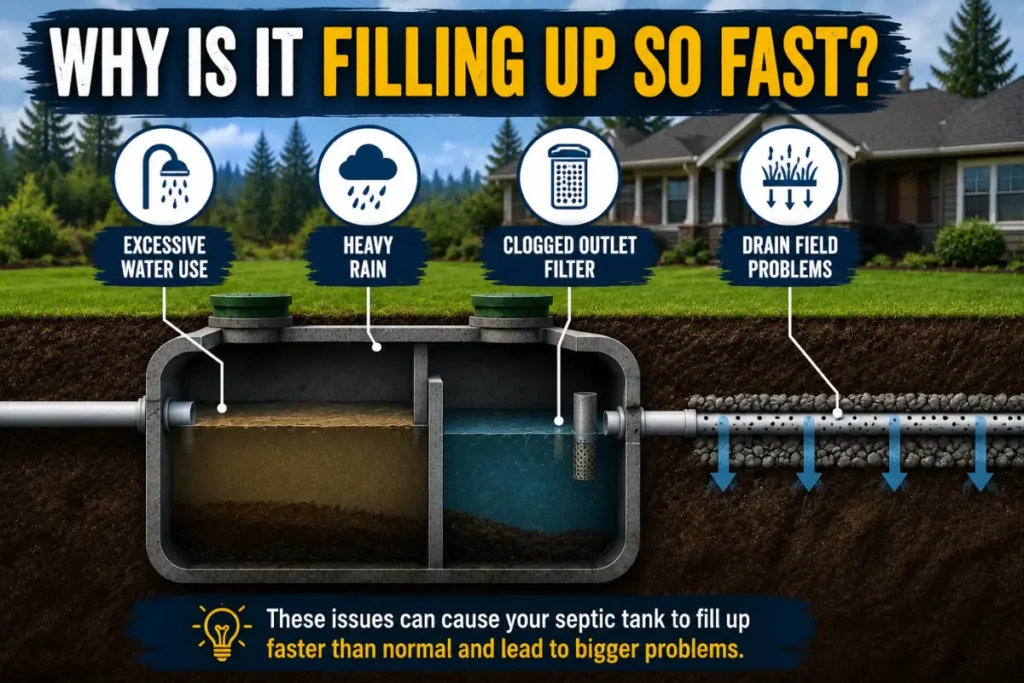 common reasons a septic tank fills up fast, including heavy rain, excessive water use, clogged filters, and drain field problems