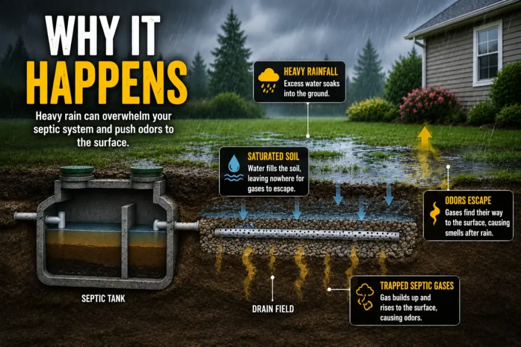 how heavy rain can cause septic odors by saturating the drain field
